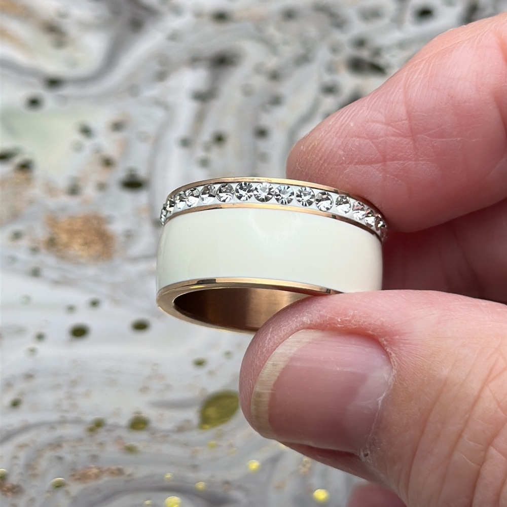 Rose Gold & White Enamel Ring, Wide Band